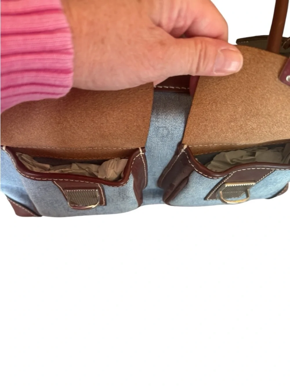 Dooney & Bourke NWT Double Pocket Tote Blue Denim and Brown Leather Bag